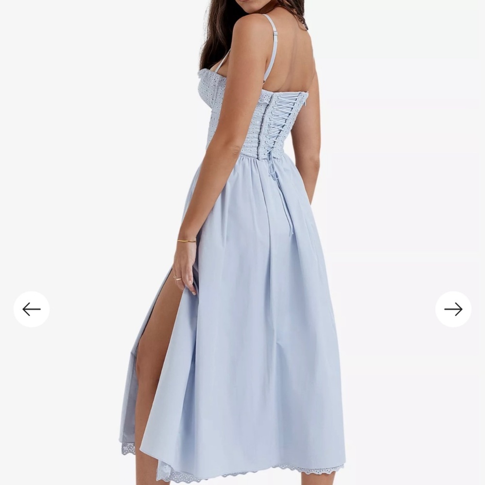 House of CB Jamie Small Plus Cup Light Blue Eyelet Midi Dress with Waist Tie - Picture 9 of 9